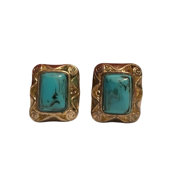 Vintage Womens Blue And Silver Faux Turquoise Retro Clip On Earrings - Picture 1 of 7
